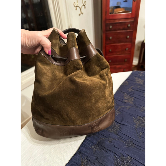 Celine Green-Brown Suede & Brown Leather Triomphe Bucket Shoulder Bag - Picture 5 of 16